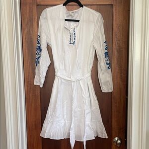 J. Crew White Dress with Blue Embroidery